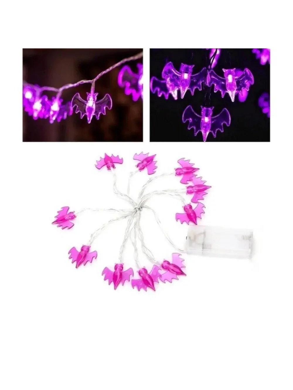 Halloween Purple LED Bat String Lights Indoor Outdoor Decor, 10pc, Battery, New